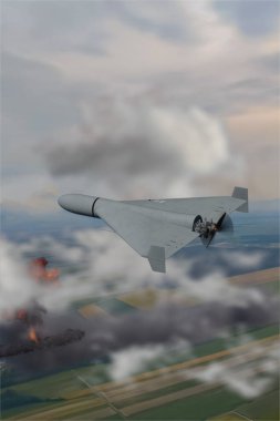 Savaş uçağı yerden duman ve patlamayla birlikte havalanmaya başladı. Modern bir insansız hava aracı bulutların arasından geçerek, aşağıdaki hedefe doğru ilerler. Çarpışma sonrası oluşan patlama ve siyah duman bulutları.