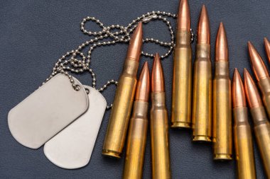 Askeri künyeler (asker künyeleri) ve birkaç tüfek fişeği koyu dokulu yüzeyde bulunur.