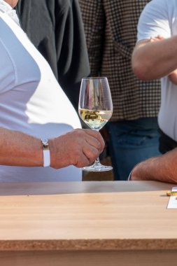 Bir adam Retz 'deki bir sokak festivalinde bir bardak beyaz şarap tutuyor.