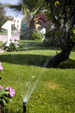 Fıskiyeler aktif olarak yemyeşil çimlere su püskürterek yaz boyunca sağlıklı ve canlı kalmasını sağlar.