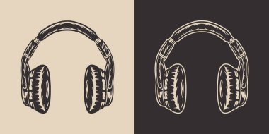 Antika müzik kulaklıkları. Amblem, logo, rozet, etiket için kullanılabilir. İşaret, poster ya da baskı tasarımı. Monokrom Grafik Sanatı. Vektör İllüstrasyonu. Oyma ahşap kesim biçimi