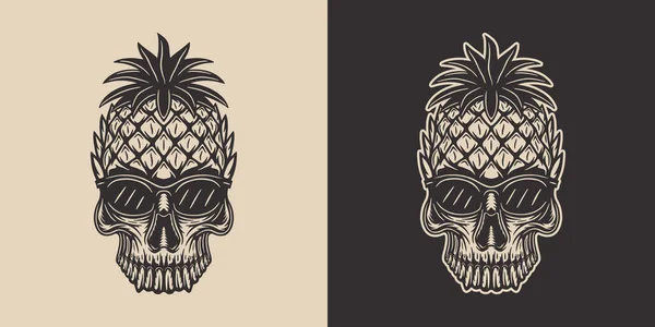 带有菠萝头的复古夏装骷髅 可用于徽章 标识等 海报或平面设计 单色图形艺术 病媒说明 雕刻木刻风格 — 图库矢量图片