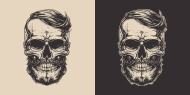 Set of vintage retro scary hipster skull. Can be used like emblem, logo, badge, label. mark, poster or print. Monochrome Graphic Art. Vector. Hand drawn element in engraving style.	