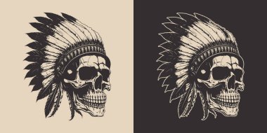 Set of vintage retro scary native american indian apache chief skull with feathers. Can be used like emblem, logo, badge, label. mark, poster or print. Monochrome Graphic Art. Vector. Hand drawn element in engraving style.	