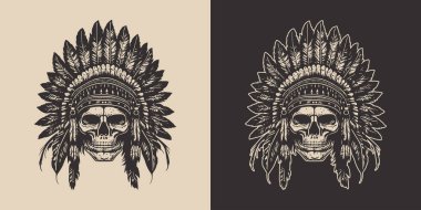 Set of vintage retro scary native american indian apache chief skull with feathers. Can be used like emblem, logo, badge, label. mark, poster or print. Monochrome Graphic Art. Vector. Hand drawn element in engraving style.	
