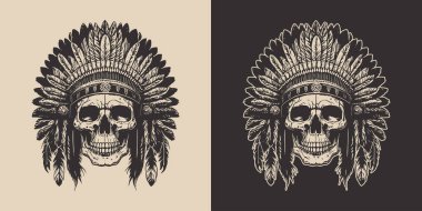 Set of vintage retro scary native american indian apache chief skull with feathers. Can be used like emblem, logo, badge, label. mark, poster or print. Monochrome Graphic Art. Vector. Hand drawn element in engraving style.	