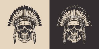 Set of vintage retro scary native american indian apache chief skull with feathers. Can be used like emblem, logo, badge, label. mark, poster or print. Monochrome Graphic Art. Vector. Hand drawn element in engraving style.	