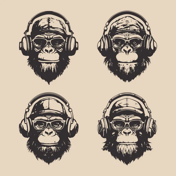 一套老式复古时髦猴子 可用于标志 招贴画 装饰设计 单色图形艺术 雕刻风格矢量插图 — 图库矢量图片