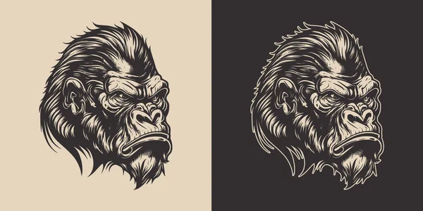 一套复古的愤怒的猴子 可用于标志 招贴画 装饰设计 单色图形艺术 雕刻风格矢量插图 — 图库矢量图片