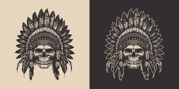 Set Vintage Retro Scary Native American Indian Apache Chief Skull — Stockvektor