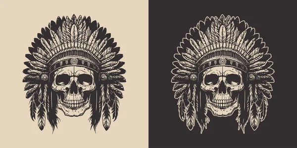 Set Vintage Retro Scary Native American Indian Apache Chief Skull — Vetor de Stock