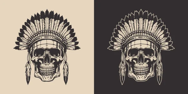Set Vintage Retro Scary Native American Indian Apache Chief Skull — 图库矢量图片