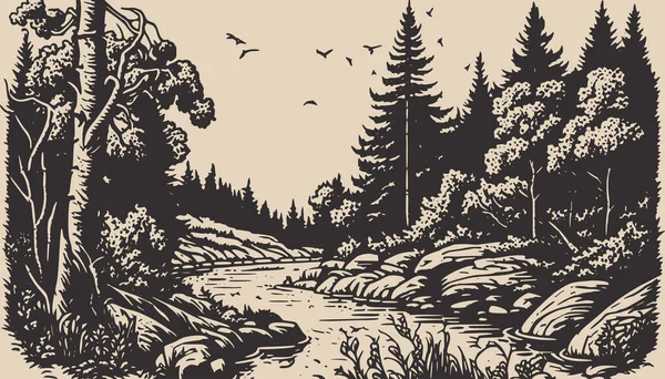 Berg Und Wald Mit Flusslandschaft Hintergrund Kann Für Grafische Gestaltung — Stockvektor
