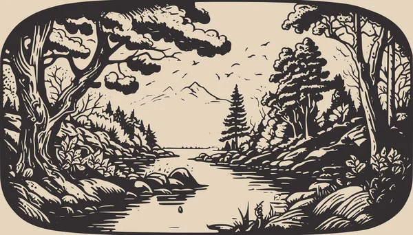 川の風景を背景に山と森のシーン グラフィックデザインや装飾に使用することができます グラフィックアートベクトルイラスト — ストックベクタ