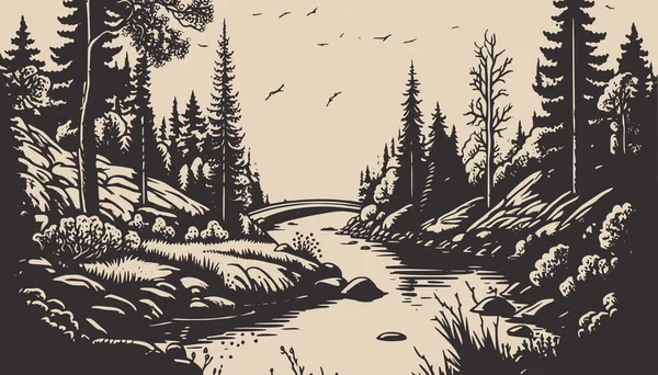 川の風景を背景に山と森のシーン グラフィックデザインや装飾に使用することができます グラフィックアートベクトルイラスト — ストックベクタ