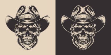 Set of vintage retro scary hipster cawboy skull in hat. Can be used like emblem, logo, badge, label. mark, poster or print. Monochrome Graphic Art. Vector. Hand drawn element in engraving style.	