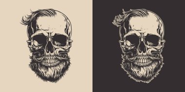 Set of vintage retro scary hipster skull. Can be used like emblem, logo, badge, label. mark, poster or print. Monochrome Graphic Art. Vector. Hand drawn element in engraving style.	
