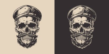 Set of vintage retro scary hipster skull. Can be used like emblem, logo, badge, label. mark, poster or print. Monochrome Graphic Art. Vector. Hand drawn element in engraving style.	