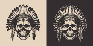 Set of vintage retro scary native american indian apache chief skull with feathers. Can be used like emblem, logo, badge, label. mark, poster or print. Monochrome Graphic Art. Vector. Hand drawn element in engraving style.	