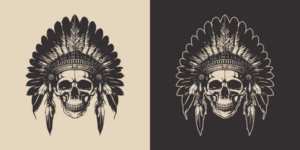 Set Vintage Retro Scary Native American Indian Apache Chief Skull — Vector de stock