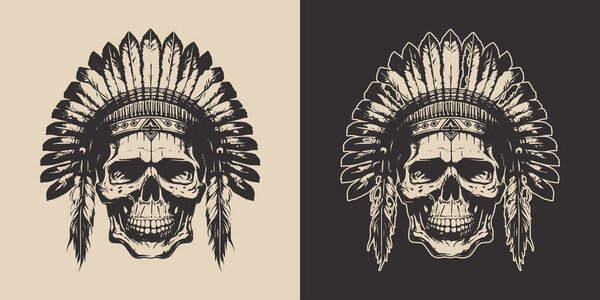 Set of vintage retro scary native american indian apache chief skull with feathers. Can be used like emblem, logo, badge, label. mark, poster or print. Monochrome Graphic Art. Vector. Hand drawn element in engraving style.	