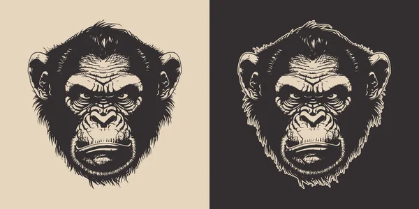 一套复古的愤怒的猴子 可用于标志 招贴画 装饰设计 单色图形艺术 雕刻风格矢量 — 图库矢量图片