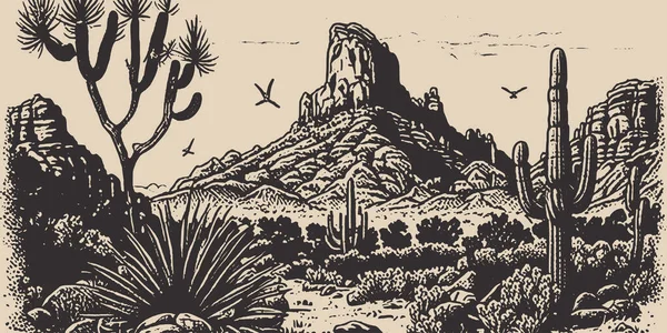 德克萨斯州的山地沙漠背景景观 西部野生探险探索鼓舞人心的氛围 图形艺术 雕刻矢量图解 — 图库矢量图片