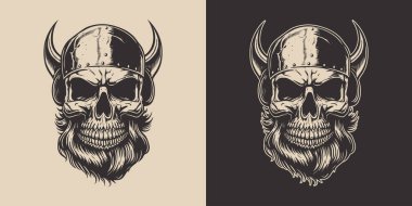Set of vintage retro scary hipster warrior battle viking skull. Can be used like emblem, logo, badge, label. mark, poster or print. Monochrome Graphic Art. Vector. Hand drawn element in engraving style.	