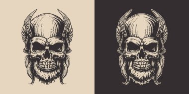 Set of vintage retro scary hipster warrior battle viking skull. Can be used like emblem, logo, badge, label. mark, poster or print. Monochrome Graphic Art. Vector. Hand drawn element in engraving style.	