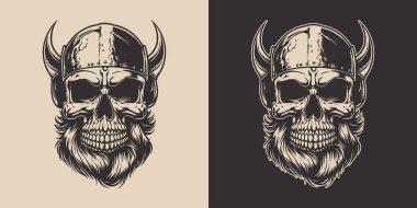 Set of vintage retro scary hipster warrior battle viking skull. Can be used like emblem, logo, badge, label. mark, poster or print. Monochrome Graphic Art. Vector. Hand drawn element in engraving style.	
