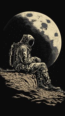 Retro Vintage oyma Woodcut Linocut tarzı uzay dublörü Ay yüzeyinde duruyor. Yalnız macera gelecekteki heyecanı keşfeder. Dekorasyon ya da grafik tasarım için kullanılabilir. Grafik Sanatı Vektörü İllüstrasyonu.