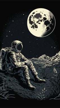Retro Vintage oyma Woodcut Linocut tarzı uzay dublörü Ay yüzeyinde duruyor. Yalnız macera gelecekteki heyecanı keşfeder. Dekorasyon ya da grafik tasarım için kullanılabilir. Grafik Sanatı Vektörü İllüstrasyonu.