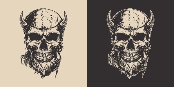Set Vintage Retro Scary Hipster Warrior Battle Viking Skull Can — Stockvektor