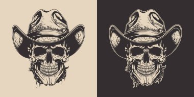 Set of vintage retro scary hipster cawboy skull in hat. Can be used like emblem, logo, badge, label. mark, poster or print. Monochrome Graphic Art. Vector. Hand drawn element in engraving style.	