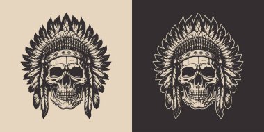 Set of vintage retro scary native american indian apache chief skull with feathers. Can be used like emblem, logo, badge, label. mark, poster or print. Monochrome Graphic Art. Vector. Hand drawn element in engraving style.	