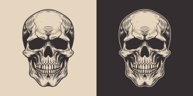 Set of vintage retro scary hipster skull. Can be used like emblem, logo, badge, label. mark, poster or print. Monochrome Graphic Art. Vector. Hand drawn element in engraving style.	