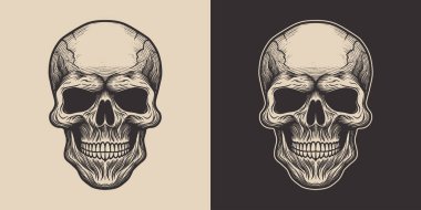 Set of vintage retro scary hipster skull. Can be used like emblem, logo, badge, label. mark, poster or print. Monochrome Graphic Art. Vector. Hand drawn element in engraving style.	