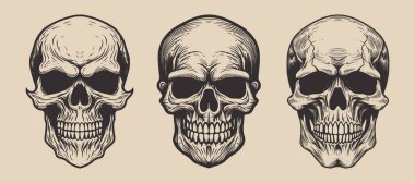 Set of vintage retro scary hipster skull. Can be used like emblem, logo, badge, label. mark, poster or print. Monochrome Graphic Art. Vector. Hand drawn element in engraving style.	