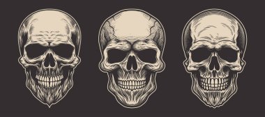 Set of vintage retro scary hipster skull. Can be used like emblem, logo, badge, label. mark, poster or print. Monochrome Graphic Art. Vector. Hand drawn element in engraving style.	