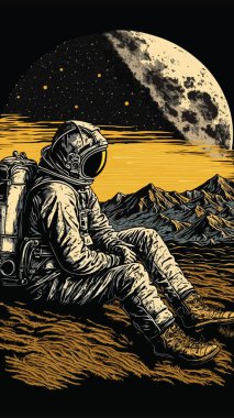 Retro Vintage oyma Woodcut Linocut tarzı uzay dublörü Ay yüzeyinde duruyor. Yalnız macera gelecekteki heyecanı keşfeder. Dekorasyon ya da grafik tasarım için kullanılabilir. Grafik Sanatı Vektörü İllüstrasyonu.