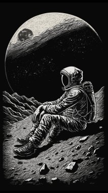 Retro Vintage oyma Woodcut Linocut tarzı uzay dublörü Ay yüzeyinde duruyor. Yalnız macera gelecekteki heyecanı keşfeder. Dekorasyon ya da grafik tasarım için kullanılabilir. Grafik Sanatı Vektörü İllüstrasyonu.