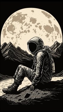 Retro Vintage oyma Woodcut Linocut tarzı uzay dublörü Ay yüzeyinde duruyor. Yalnız macera gelecekteki heyecanı keşfeder. Dekorasyon ya da grafik tasarım için kullanılabilir. Grafik Sanatı Vektörü İllüstrasyonu.