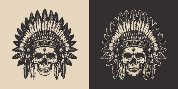 Set Vintage Retro Scary Native American Indian Apache Chief Skull — 图库矢量图片