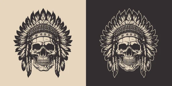 Set Vintage Retro Scary Native American Indian Apache Chief Skull — Vector de stock