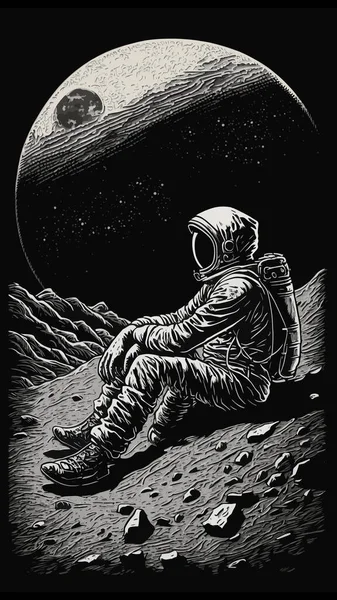 Retro Vintage oyma Woodcut Linocut tarzı uzay dublörü Ay yüzeyinde duruyor. Yalnız macera gelecekteki heyecanı keşfeder. Dekorasyon ya da grafik tasarım için kullanılabilir. Grafik Sanatı Vektörü İllüstrasyonu.