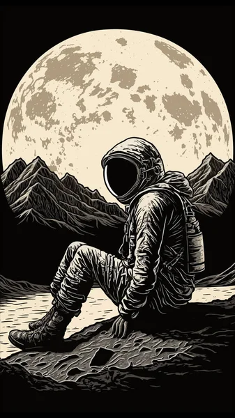 复古雕刻木刻林库特风格的空间惊奇地坐在月球表面 孤独的冒险探索未来的感觉 可用于装饰或平面设计 图形艺术矢量图解 — 图库矢量图片