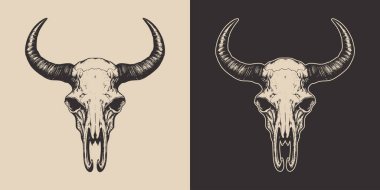Set of vintage retro scary spooky cow bull skull head skeleton. Cowboy Native American. Can be used like emblem, logo, badge, label. mark, poster or print. Monochrome Graphic Art. Vector. Hand drawn element in engraving style.	