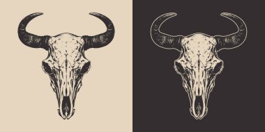 Set of vintage retro scary spooky cow bull skull head skeleton. Cowboy Native American. Can be used like emblem, logo, badge, label. mark, poster or print. Monochrome Graphic Art. Vector. Hand drawn element in engraving style.	