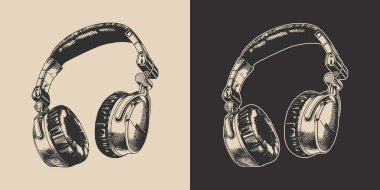 Set of vintage retro engraving stereo studio headphones. Can be used like emblem, logo, badge, label. mark, poster or print. Monochrome Graphic Art. Vector. Hand drawn element in engraving style.	