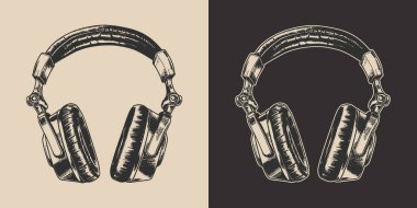 Set of vintage retro engraving stereo studio headphones. Can be used like emblem, logo, badge, label. mark, poster or print. Monochrome Graphic Art. Vector. Hand drawn element in engraving style.	